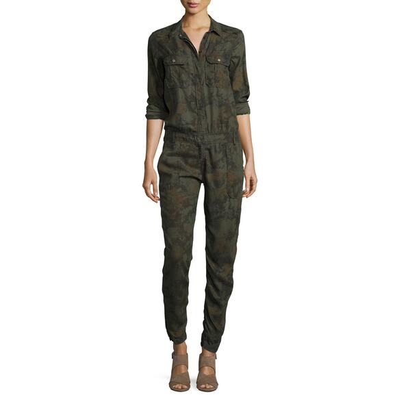 Etienne Marcel Women’s Utility Style Long Sleeve Denim Jumpsuit Sz S Floral Camo - Picture 1 of 16